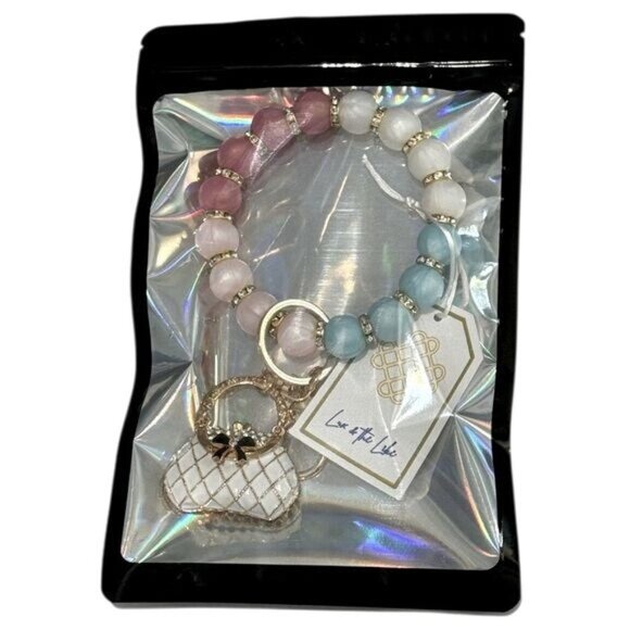 NWT Beaded Keychain Bracelet With Purse Charm & Gold Accents Pink White Blue - Picture 3 of 4